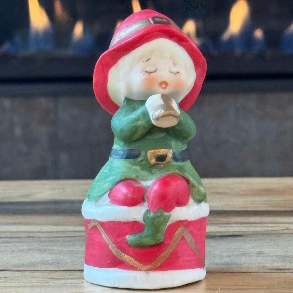 Vintage 1978 Jasco Merri-Bells Bisque Elf Playing Horn on Drum Christmas Bell - Picture 6 of 11